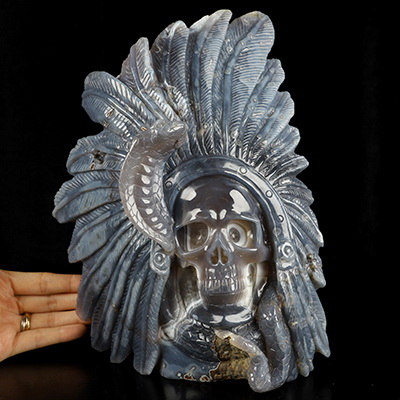 10.4" Agate Amethyst Geode Hand Carved Crystal Indian Skull and Snake Sculpture, Crystal Healing