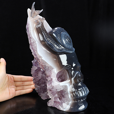 10.0" Agate Amethyst Geode Hand Carved Crystal Skull and Snail Sculpture, Crystal Healing