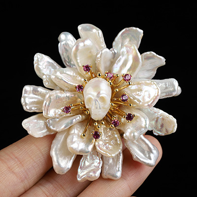 Shell Hand Carved Skull Brooch, Skull Jewelry