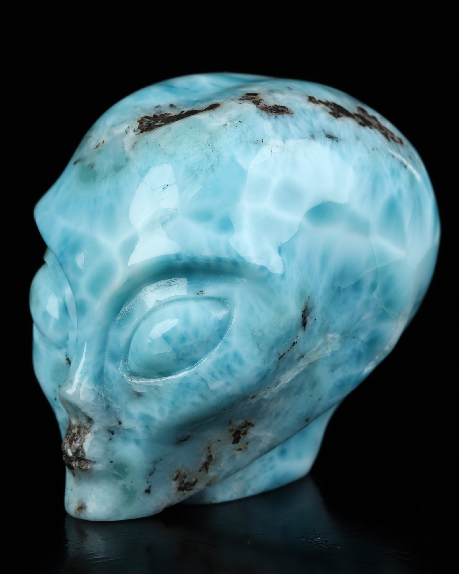 Gemstone 2.1" Larimar Star Being Female Alien Crystal Skull Companion, Hand Carved Gemstone Fine Art Sculpture, Reiki Healing Stone Statue