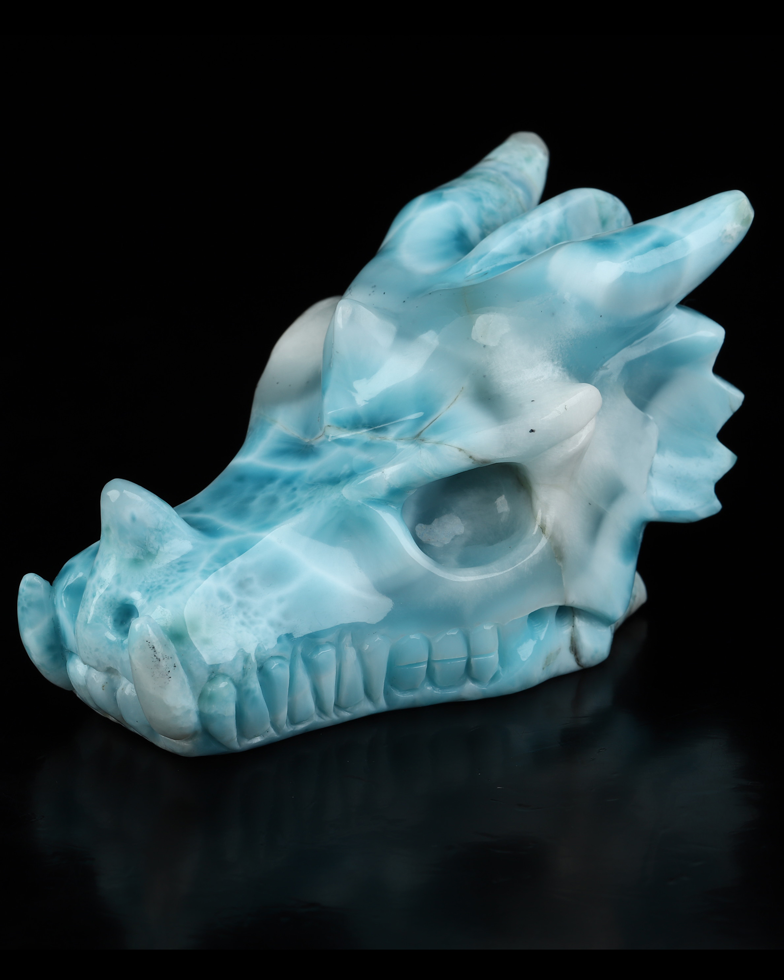 Gemstone 3.4" Larimar Hand Carved Dragon Crystal Skull Sculpture, Crystal Healing
