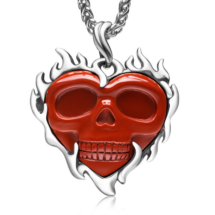 Necklace of 1.5" Red Jasper Hand Carved Heart Crystal Skull Pendant, Skull Jewelry